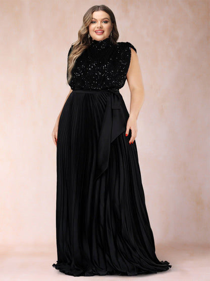 Robe de Mère de la Mariée Grande Taille, Coupe Trapèze/Princesse, Col Haut, Sans Manches avec Paillettes et Volants