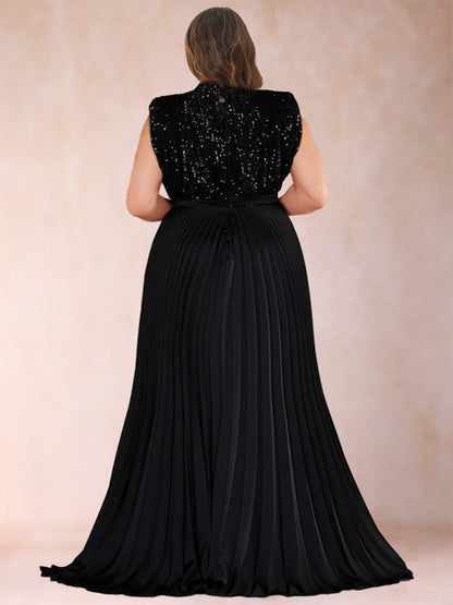 Robe de Mère de la Mariée Grande Taille, Coupe Trapèze/Princesse, Col Haut, Sans Manches avec Paillettes et Volants