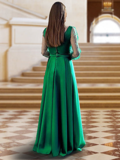Robe de Soirée Trapèze/Princesse à Manches Longues et Col Rond avec Fente Sur Le Côté