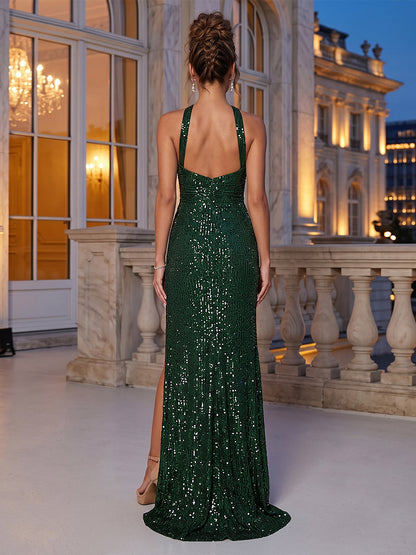 Robe de Soirée Fourreau / Colonne Licou à Sequins Longueur Sol avec Fente Latérale & Découpe Goutte
