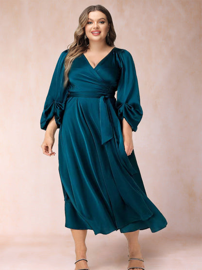 Robe de Soirée Trapèze/Princesse, Col en V, Manches 3/4, Portefeuille, Grande Taille avec Ceinture