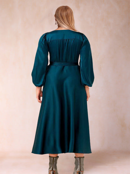 Robe de Soirée Trapèze/Princesse, Col en V, Manches 3/4, Portefeuille, Grande Taille avec Ceinture