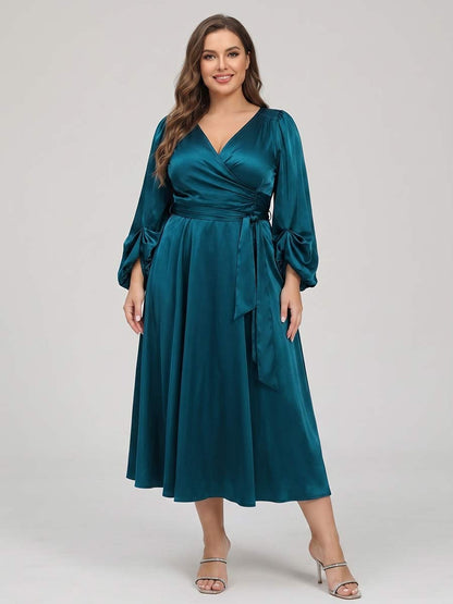 Robe Mère de la Mariée Grande Taille Ligne A/Princesse Col en V Manches 3/4 Longueur Thé avec Ceinture