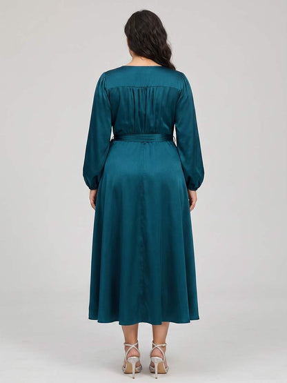 Robe Mère de la Mariée Grande Taille Ligne A/Princesse Col en V Manches 3/4 Longueur Thé avec Ceinture