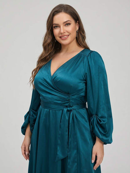 Robe Mère de la Mariée Grande Taille Ligne A/Princesse Col en V Manches 3/4 Longueur Thé avec Ceinture