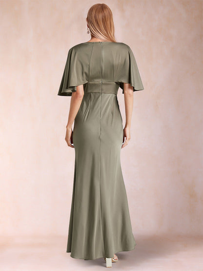 Robe de Soirée Fourreau/Colonne à Col En V et Manches Courtes En Satin de Soie avec Fente Sur Le Côté
