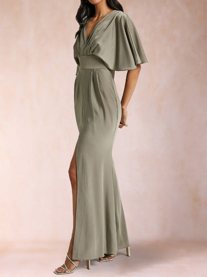 Robe de Soirée Fourreau/Colonne à Col En V et Manches Courtes En Satin de Soie avec Fente Sur Le Côté