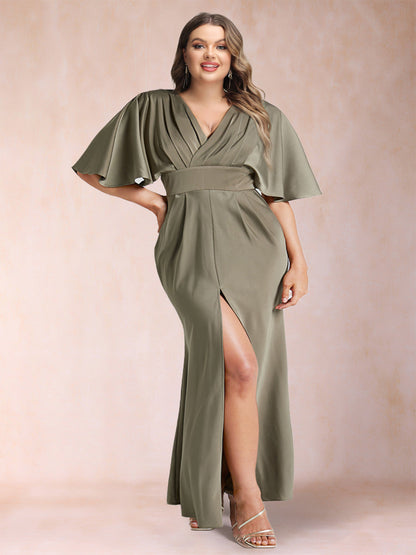 Robe de Soirée Grande Taille en Satin de Soie, Col en V, Manches Courtes, Coupe Fourreau/Colonne avec Fente Latérale
