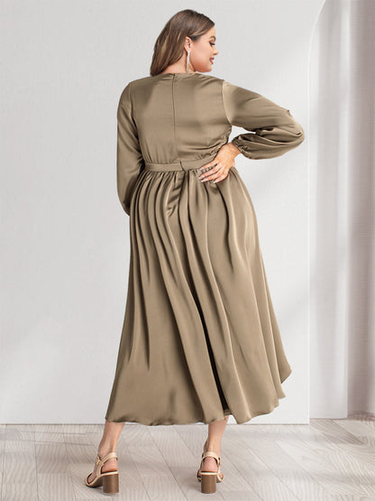 Robe de Demoiselled'Honneur Grande Taille, Coupe Trapèze/Princesse, Décolleté Plongeant en V, Manches Longues, Portefeuille