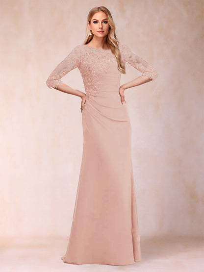 Robe de Mère de la Mariée Fourreau/Colonne à Manches 3/4 Froncées avec Appliques