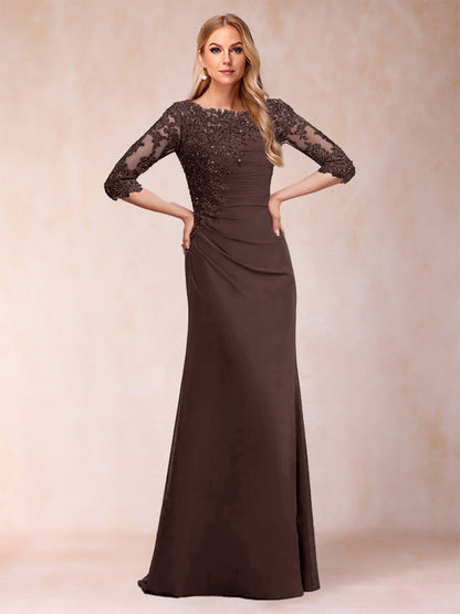 Robe de Mère de la Mariée Fourreau/Colonne à Manches 3/4 Froncées avec Appliques