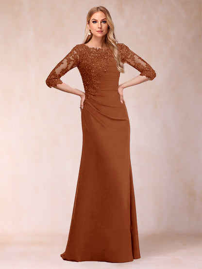 Robe de Mère de la Mariée Fourreau/Colonne à Manches 3/4 Froncées avec Appliques