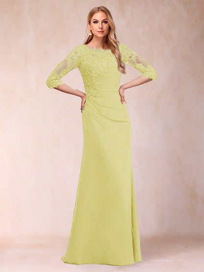 Robe de Mère de la Mariée Fourreau/Colonne à Manches 3/4 Froncées avec Appliques