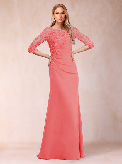 Robe de Mère de la Mariée Fourreau/Colonne à Manches 3/4 Froncées avec Appliques