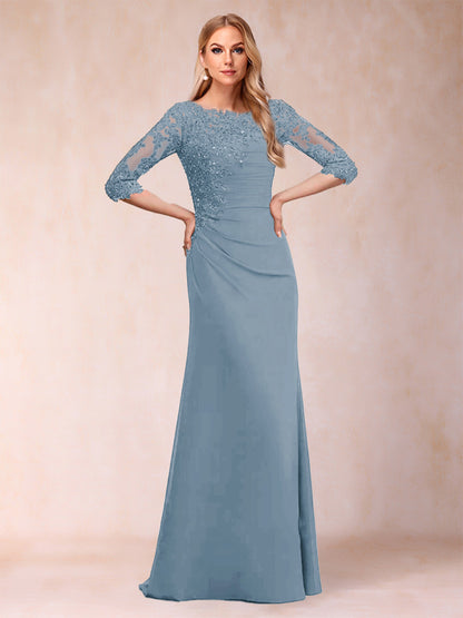 Robe de Mère de la Mariée Fourreau/Colonne à Manches 3/4 Froncées avec Appliques