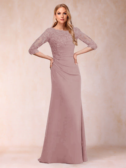 Robe de Mère de la Mariée Fourreau/Colonne à Manches 3/4 Froncées avec Appliques