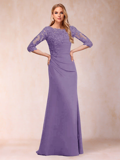 Robe de Mère de la Mariée Fourreau/Colonne à Manches 3/4 Froncées avec Appliques