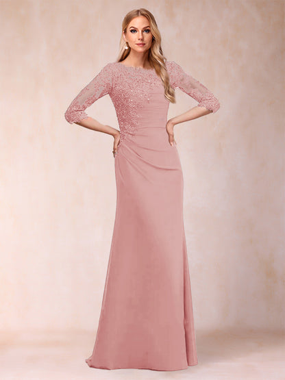 Robe de Mère de la Mariée Fourreau/Colonne à Manches 3/4 Froncées avec Appliques