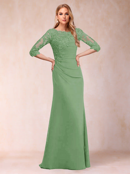Robe de Mère de la Mariée Fourreau/Colonne à Manches 3/4 Froncées avec Appliques