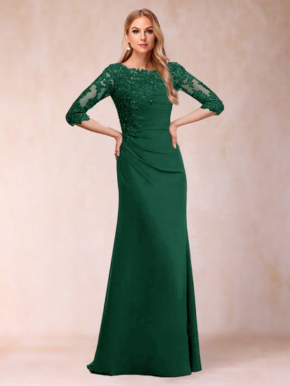 Robe de Mère de la Mariée Fourreau/Colonne à Manches 3/4 Froncées avec Appliques