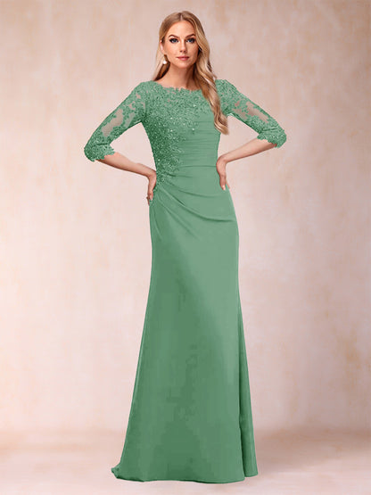 Robe de Mère de la Mariée Fourreau/Colonne à Manches 3/4 Froncées avec Appliques