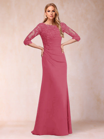 Robe de Mère de la Mariée Fourreau/Colonne à Manches 3/4 Froncées avec Appliques
