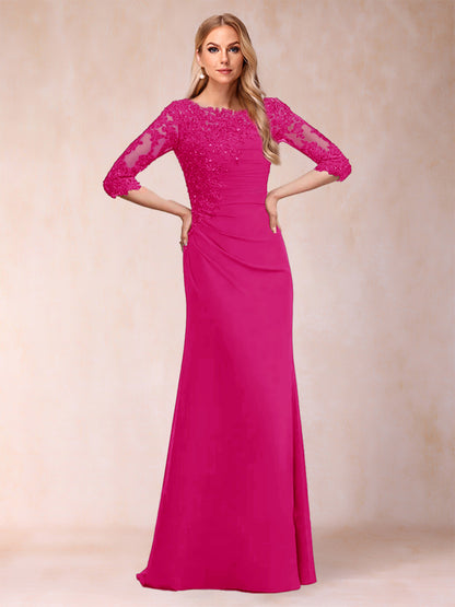 Robe de Mère de la Mariée Fourreau/Colonne à Manches 3/4 Froncées avec Appliques