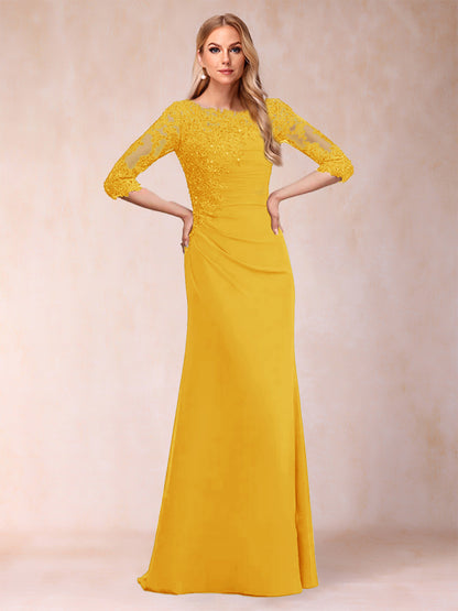 Robe de Mère de la Mariée Fourreau/Colonne à Manches 3/4 Froncées avec Appliques