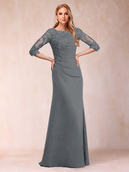 Robe de Mère de la Mariée Fourreau/Colonne à Manches 3/4 Froncées avec Appliques