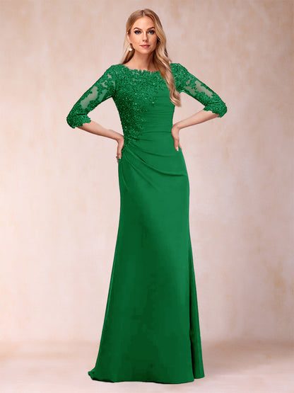 Robe de Mère de la Mariée Fourreau/Colonne à Manches 3/4 Froncées avec Appliques