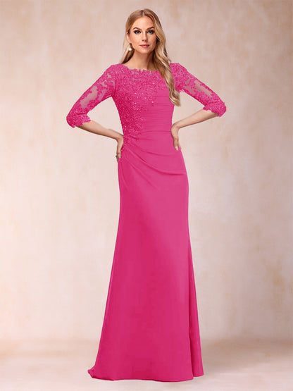 Robe de Mère de la Mariée Fourreau/Colonne à Manches 3/4 Froncées avec Appliques