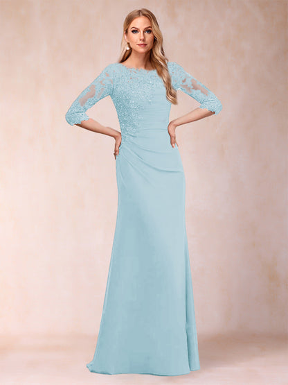 Robe de Mère de la Mariée Fourreau/Colonne à Manches 3/4 Froncées avec Appliques