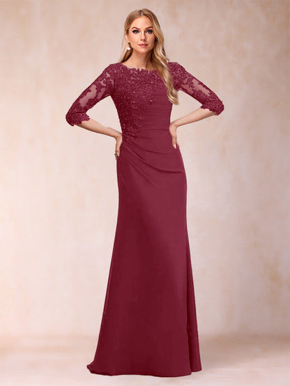 Robe de Mère de la Mariée Fourreau/Colonne à Manches 3/4 Froncées avec Appliques
