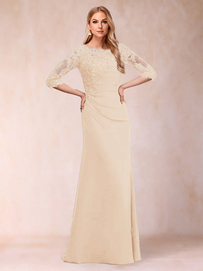 Robe de Mère de la Mariée Fourreau/Colonne à Manches 3/4 Froncées avec Appliques