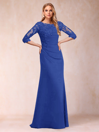 Robe de Mère de la Mariée Fourreau/Colonne à Manches 3/4 Froncées avec Appliques