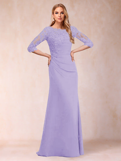 Robe de Mère de la Mariée Fourreau/Colonne à Manches 3/4 Froncées avec Appliques