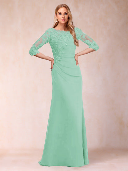 Robe de Mère de la Mariée Fourreau/Colonne à Manches 3/4 Froncées avec Appliques
