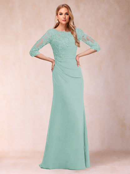 Robe de Mère de la Mariée Fourreau/Colonne à Manches 3/4 Froncées avec Appliques