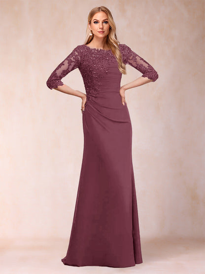 Robe de Mère de la Mariée Fourreau/Colonne à Manches 3/4 Froncées avec Appliques
