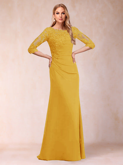 Robe de Mère de la Mariée Fourreau/Colonne à Manches 3/4 Froncées avec Appliques