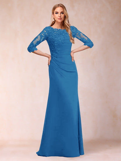 Robe de Mère de la Mariée Fourreau/Colonne à Manches 3/4 Froncées avec Appliques