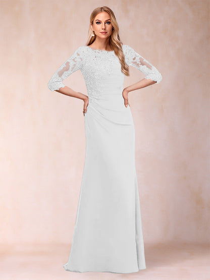 Robe de Mère de la Mariée Fourreau/Colonne à Manches 3/4 Froncées avec Appliques
