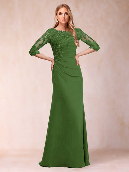 Robe de Mère de la Mariée Fourreau/Colonne à Manches 3/4 Froncées avec Appliques