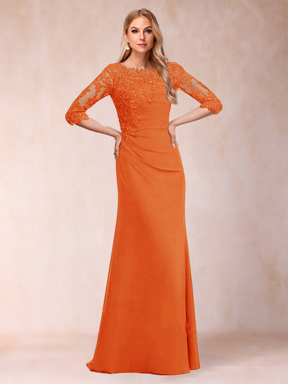 Robe de Mère de la Mariée Fourreau/Colonne à Manches 3/4 Froncées avec Appliques