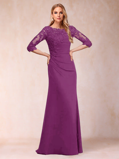 Robe de Mère de la Mariée Fourreau/Colonne à Manches 3/4 Froncées avec Appliques