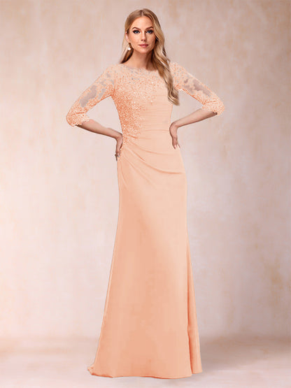 Robe de Mère de la Mariée Fourreau/Colonne à Manches 3/4 Froncées avec Appliques