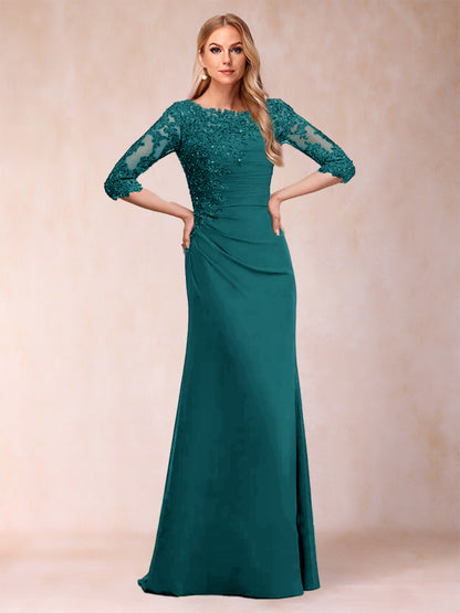 Robe de Mère de la Mariée Fourreau/Colonne à Manches 3/4 Froncées avec Appliques