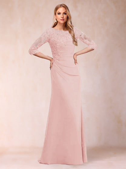 Robe de Mère de la Mariée Fourreau/Colonne à Manches 3/4 Froncées avec Appliques
