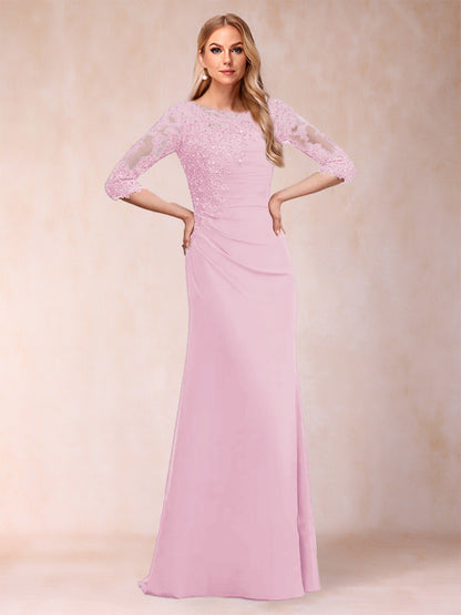 Robe de Mère de la Mariée Fourreau/Colonne à Manches 3/4 Froncées avec Appliques