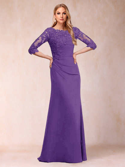 Robe de Mère de la Mariée Fourreau/Colonne à Manches 3/4 Froncées avec Appliques
